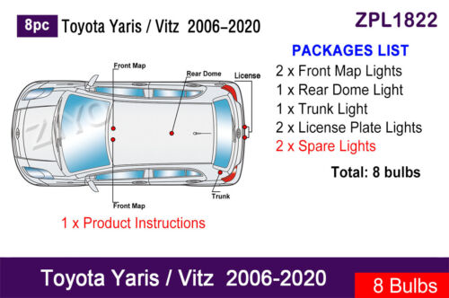 8 Bulbs Interior LED Light Kit White Dome Light for 2006-2020 Toyota Yaris Vitz - Picture 2 of 8