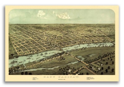 1867 East Saginaw Michigan Vintage Old Panoramic City Map - 24x36