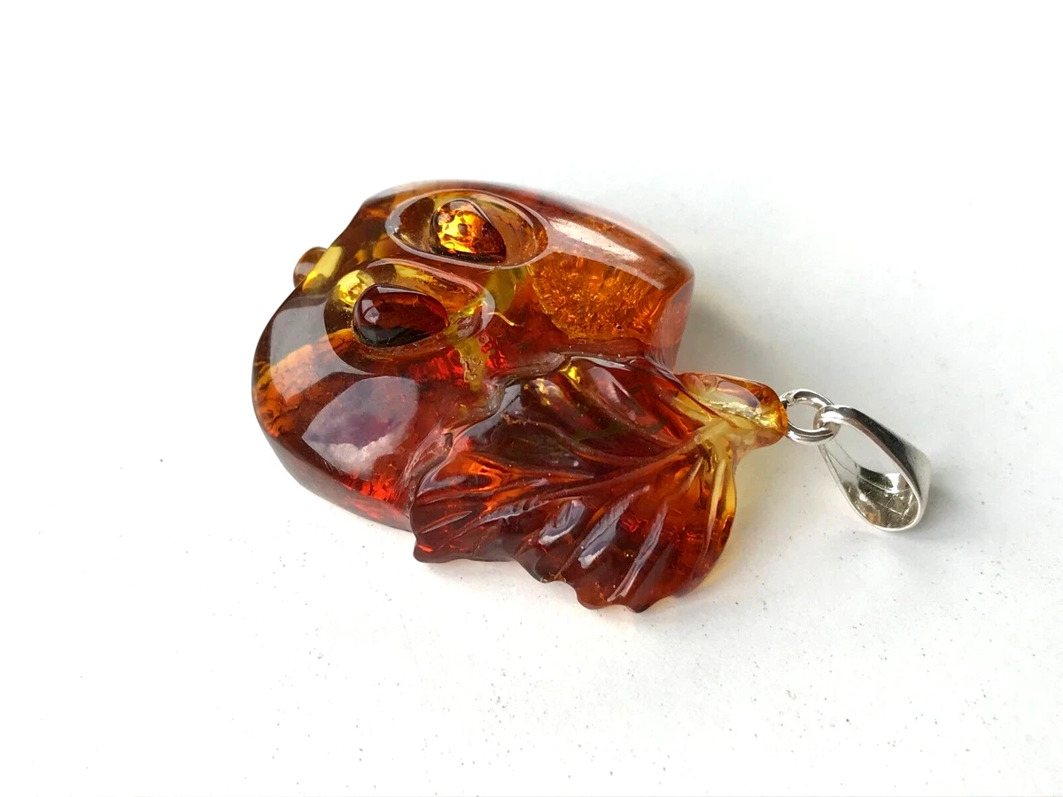 Amber Pendant Gift Carved Natural Baltic Amber Apple Leaf Silver