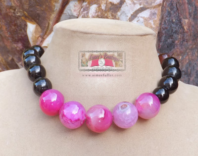 Candy Jade Genuine Gemstone Statement Necklace Pink Fuchsia Black Brown Marble