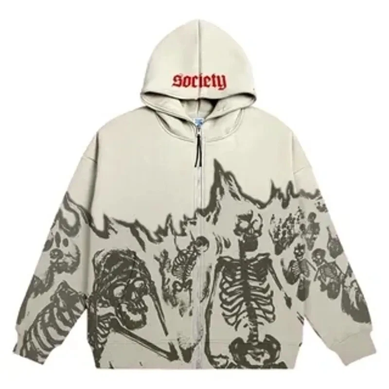 Y2K 复古骨架印花拉链连帽衫男式复古高街哥特式运动衫 — 第 3/4 张图片