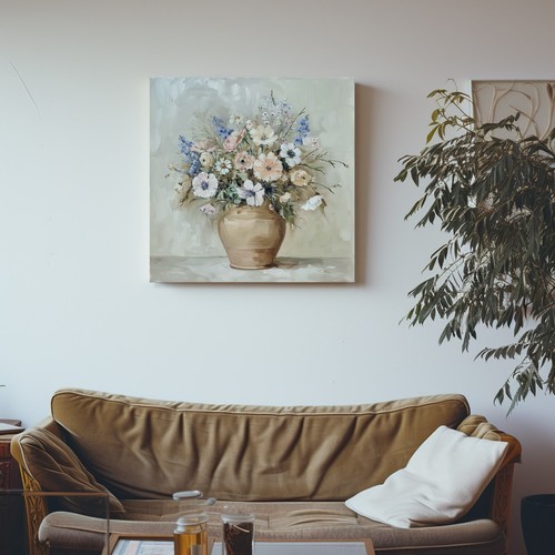 Bouquet Of Pastel Flowers In Vase Vintage Oil Painting Canvas Print Wall Art - Picture 6 of 10