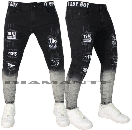 Jeans Uomo Denim Nero sfumato grigio Pantaloni Strappati Slim Elasticizzati  7108 | eBay