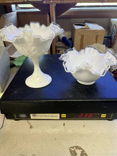 Vintage Fenton Lot Milk Glass Silver Crest Compote Bowl Sticker Crimped Ruffled