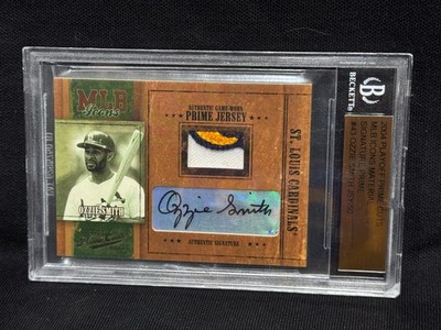 OZZIE SMITH 2004 PLAYOFF PRIME CUTS ICONS GAME WORN PATCH AUTO BGS JERSEY # 1/50