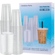  100 Sets 12 Oz Plastic Cups with Lids, PET Crystal Clear Cups with Slotted F...