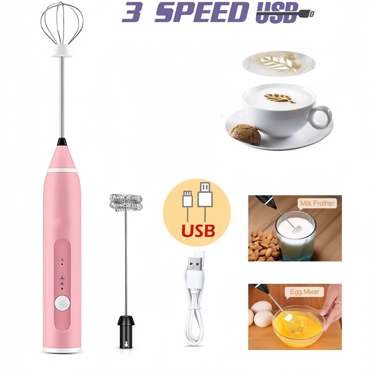 Electric Milk Frother Double Whisk Handheld Coffee Foam Maker USB Rechargeable