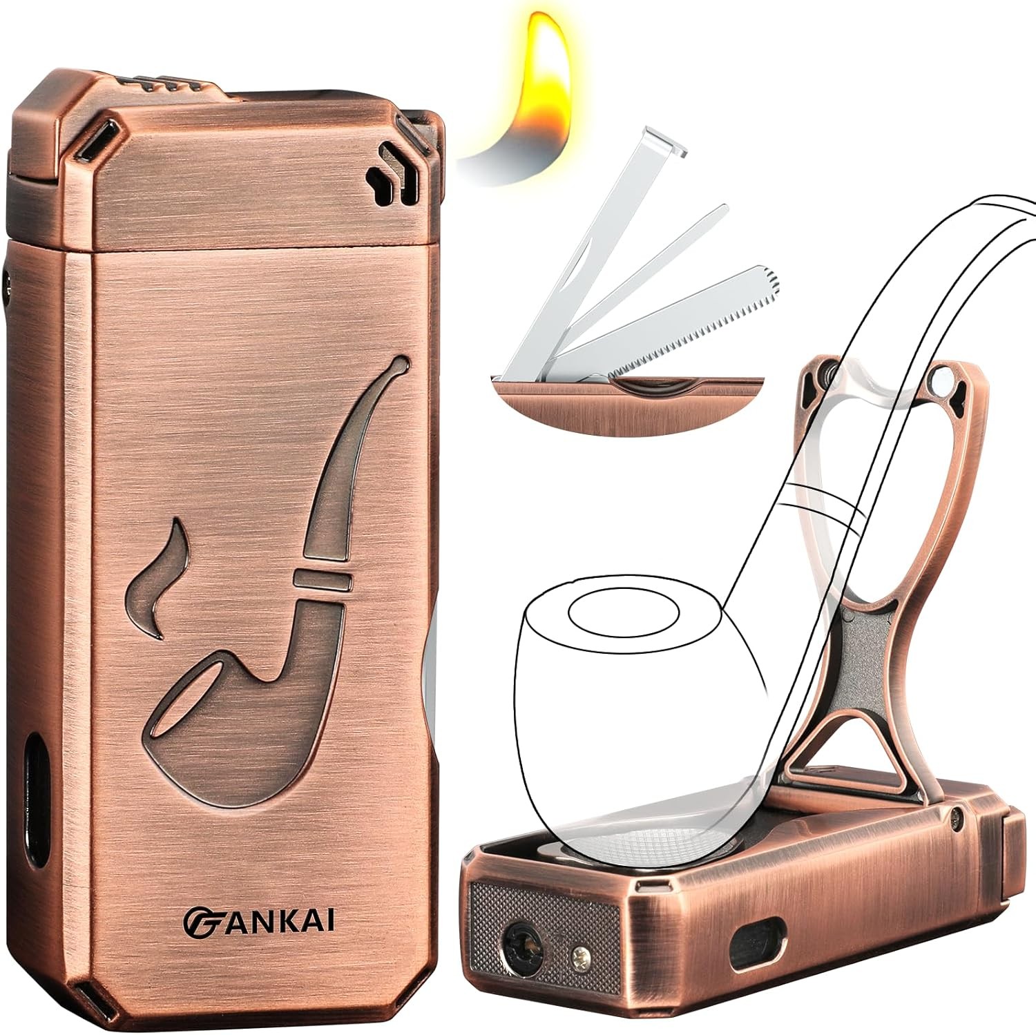 Pipe Lighter, Built-in Stand, 3 in 1 Cleaner Tools, Refillable Butane, Bronze 