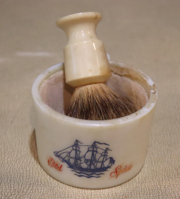 1940s Shulton 31 Old Spice Glass Shaving Mug Ship Friendship Soap Brush w/ Bag