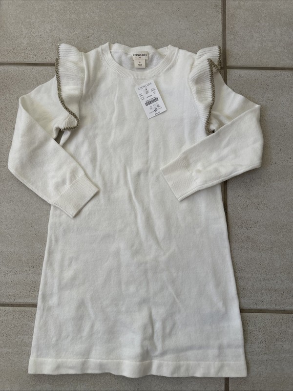 J CREW Crewcuts Knit Dress Girls 5 Ruffle-Trim Sweater NEW Beige With Gold Trim