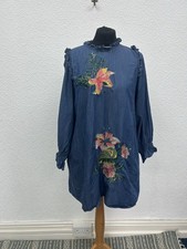 Zara Size M Dress Chambray Embroidered Floral Boho Prairie Denim
