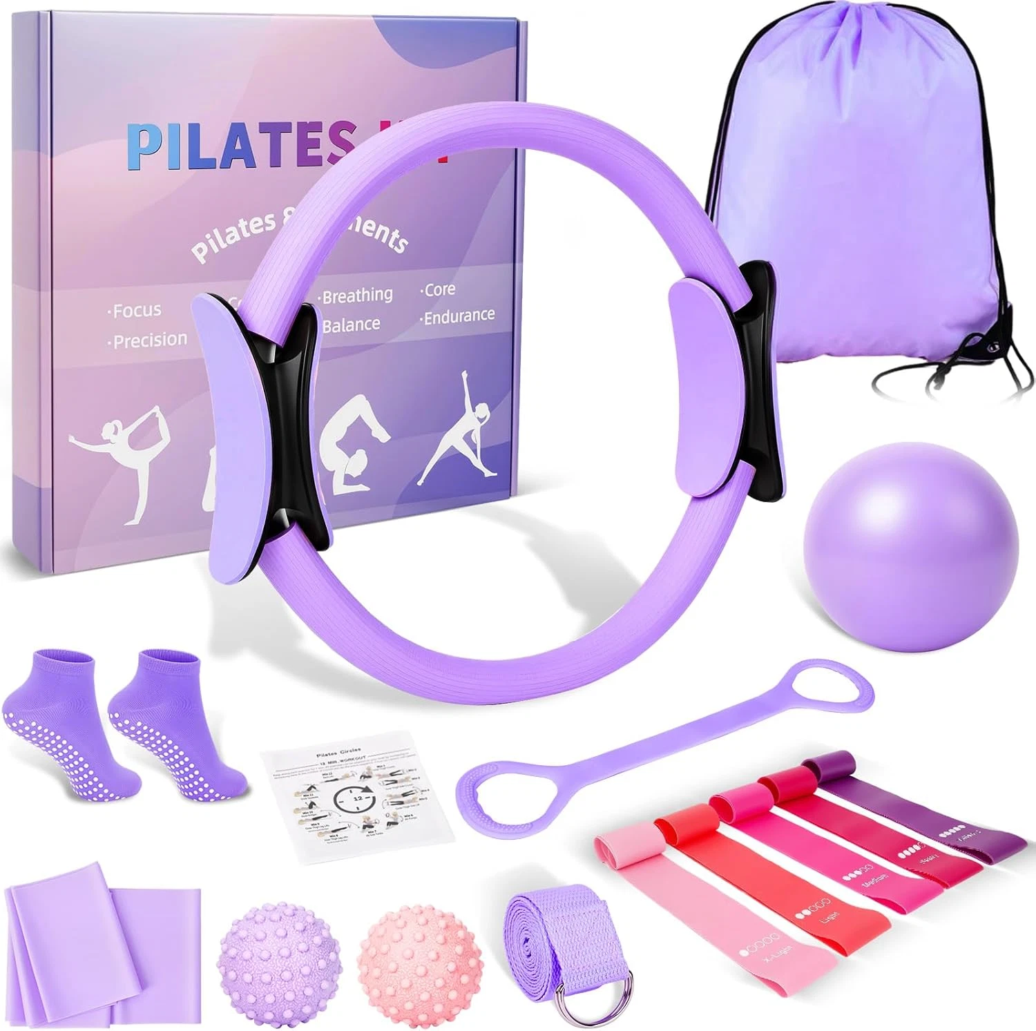 Home Pilates Kit for Women - 14 Pcs Pilates Equipment Set with Pilates Ring and