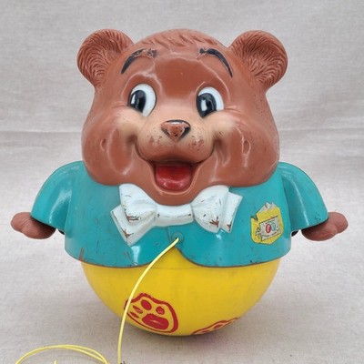 Vintage 1969 Fisher Price 9  Chubby Cub Chime Roly Poly Bear Pull Toy 1960s