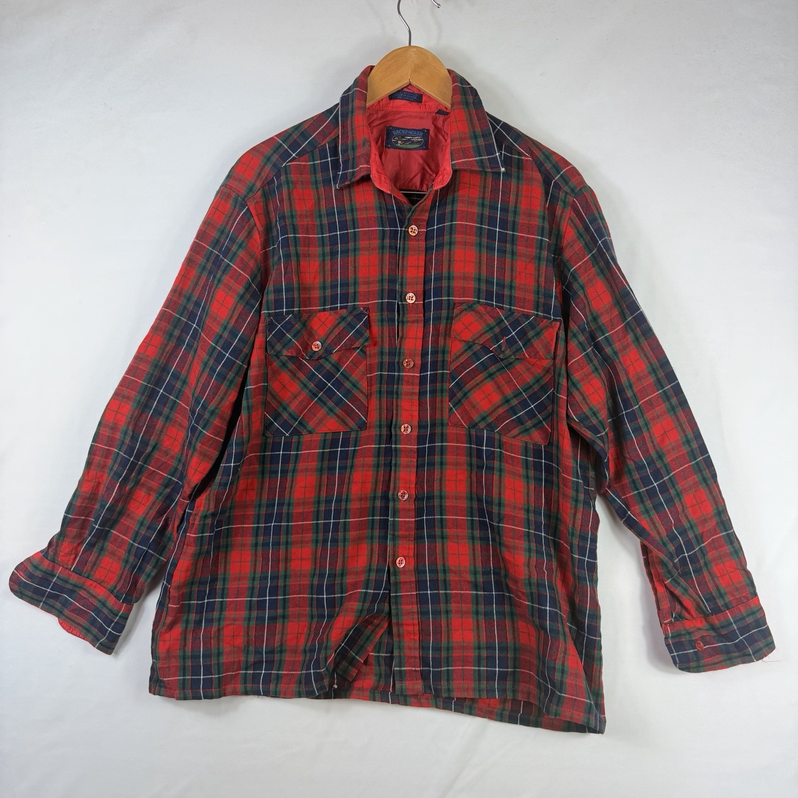 Back Packer Acrylic Flannel Shirt Men's Large Quilted Red Collared Long Sleeve