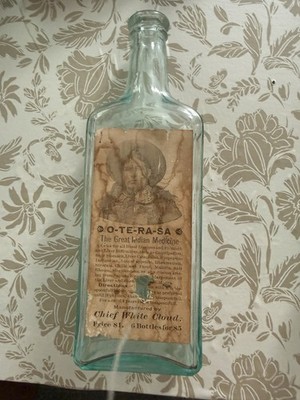 Antique O-TE-RA-SA Indian Medicine Bottle Chief White Cloud Paper Label 9 