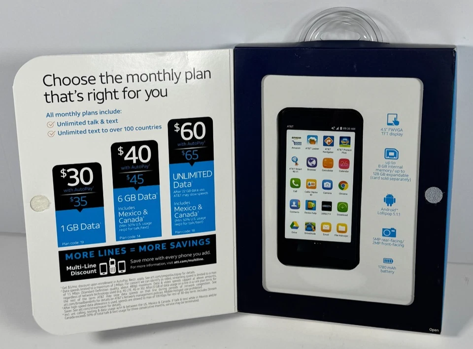 AT&T Prepaid Alcatel IDEAL 4.5" 8GB 4G LTE Smartphone Slate Blue - NEW/SEALED - Image 3 of 4