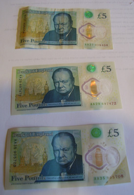 3 X LOW AA   Bank Of England £5 Five Pound Note QUEEN'S HEAD Plastic/Polymer WOW