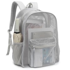 Grey Heavy Duty See Through Mesh Backpack School Working Travel Beach Laptop