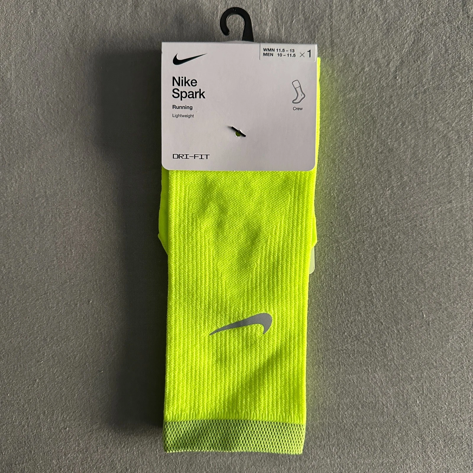 Nike Spark Volt Neon Green Running Socks Dri-Fit Crew Length M10-11.5 W11.5-13