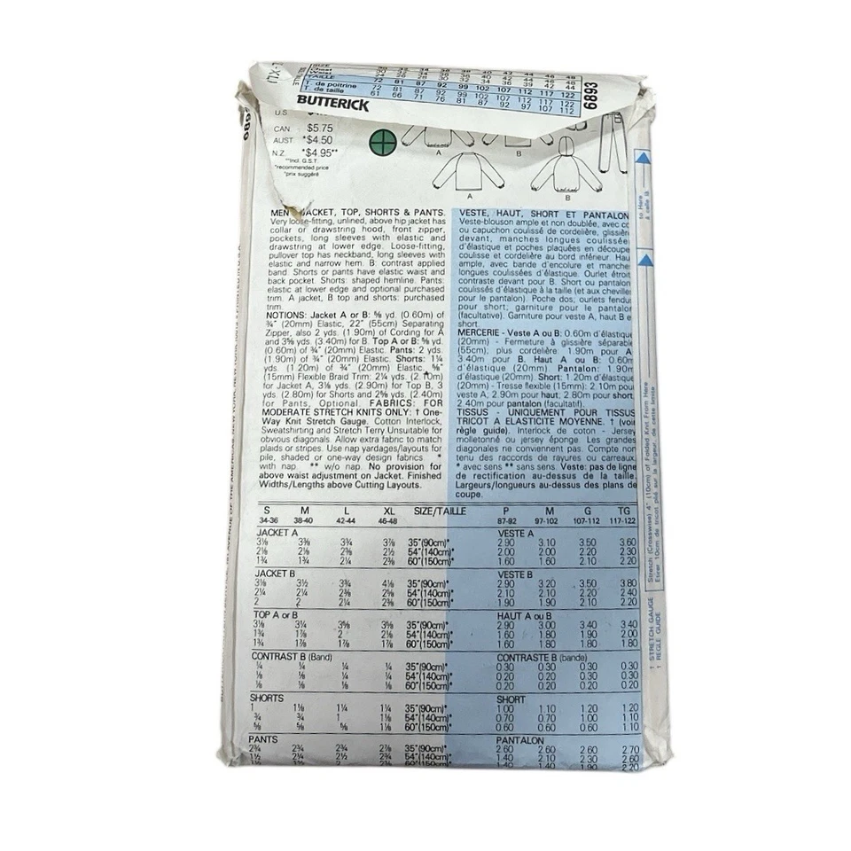 Vintage Butterick Pattern #6893 Men’s L-XL Jacket, Top, Shorts & Pants USA 1980s Foto 2 de 3