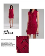 Self Portrait Red Knit Melange Dress Sz M Pink Jewel Button Chanel Classic Wool