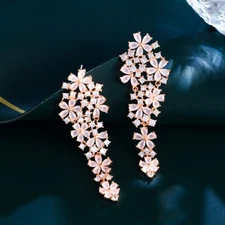 Flower Cluster Earring Gold Plated Cubic Zircon Pink Long Dangle Drop CZ Jewelry