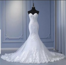 UK Strapless Mermaid Beach Wedding Dresses Bridal Lace White or Ivory  Size 6-18