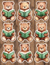 Teddy Bear Reading Die Cut Vinyl Stickers Set Scrapbooking Laptop Water Bottle
