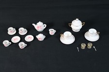 Barbie Mini Porcelain Tea Sets Pink Silhouette  White w/Gold  Cups Spoons 23pc