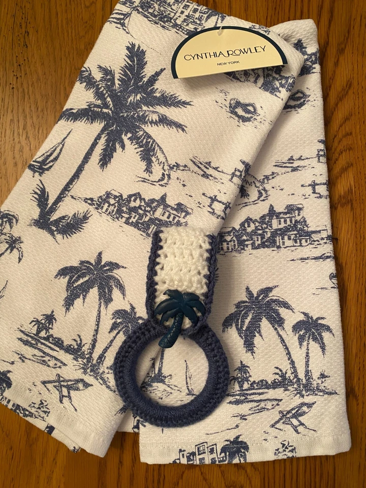 " PALM TREES AT SUNSET" dish towels with crochet towel ring holder(3pc set) - Image 2 of 3