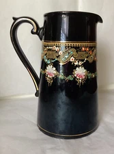Antique Reliance Black Glazed Pottery Handpainted Small Pitcher England
