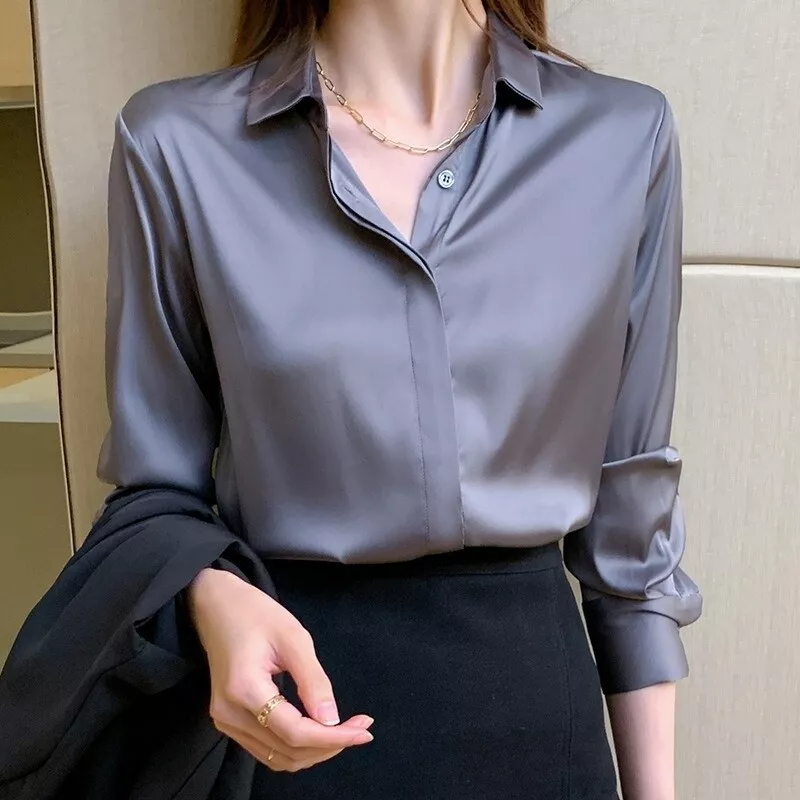 Faux Silk Women Plain Satin Shirts Blouse Tops Office Formal Casual Business