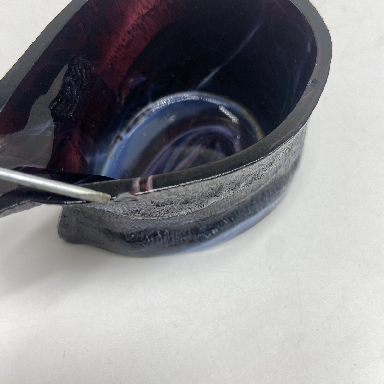 L G Wright Purple Slag Glass Mustard Dish Jar Bull Head w/ Lid Cover *A Chip