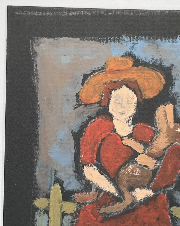 Pintura guache Sandra Pape 5x5” feminina levando gato A para passear a pé arte popular - Imagem 4 de 4