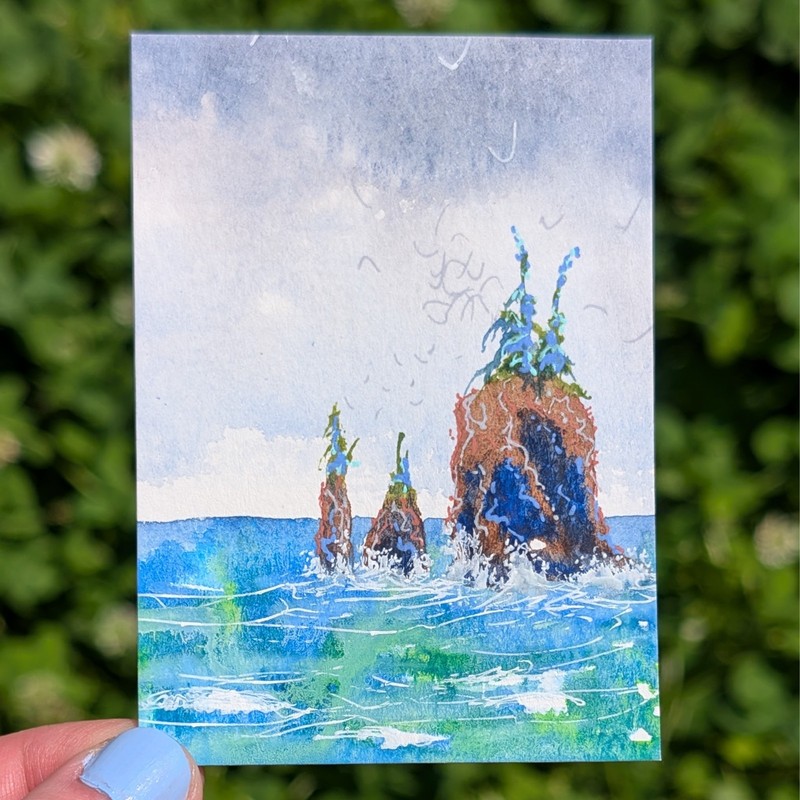 ACEO Original Painting, Ocean Sea Rocks Coast Seagull Waves Seascape (1 of 6)