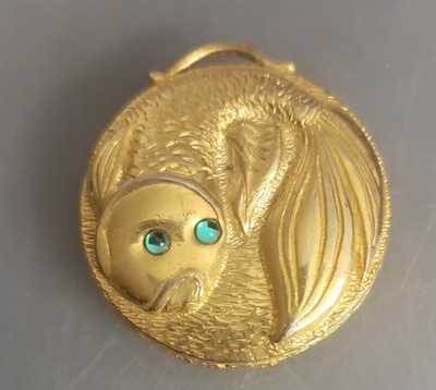 VTG Compact For Perfume Balm Koi Fish Green Rhinestone EMPTY Gold Tone 1 5/8''
