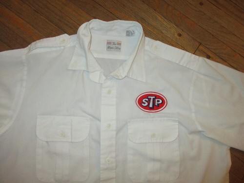 vtg STP PATCH WORK SHIRT Oil Garage Auto Mechanic Oval Logo White Aviator LARGE - Picture 2 of 6