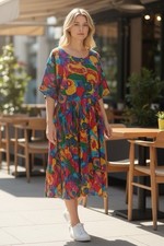 Vtg 90s SITA Midi Dress sz M/L Colorful Cotton Button Up Wide Skirt Nepal EUC