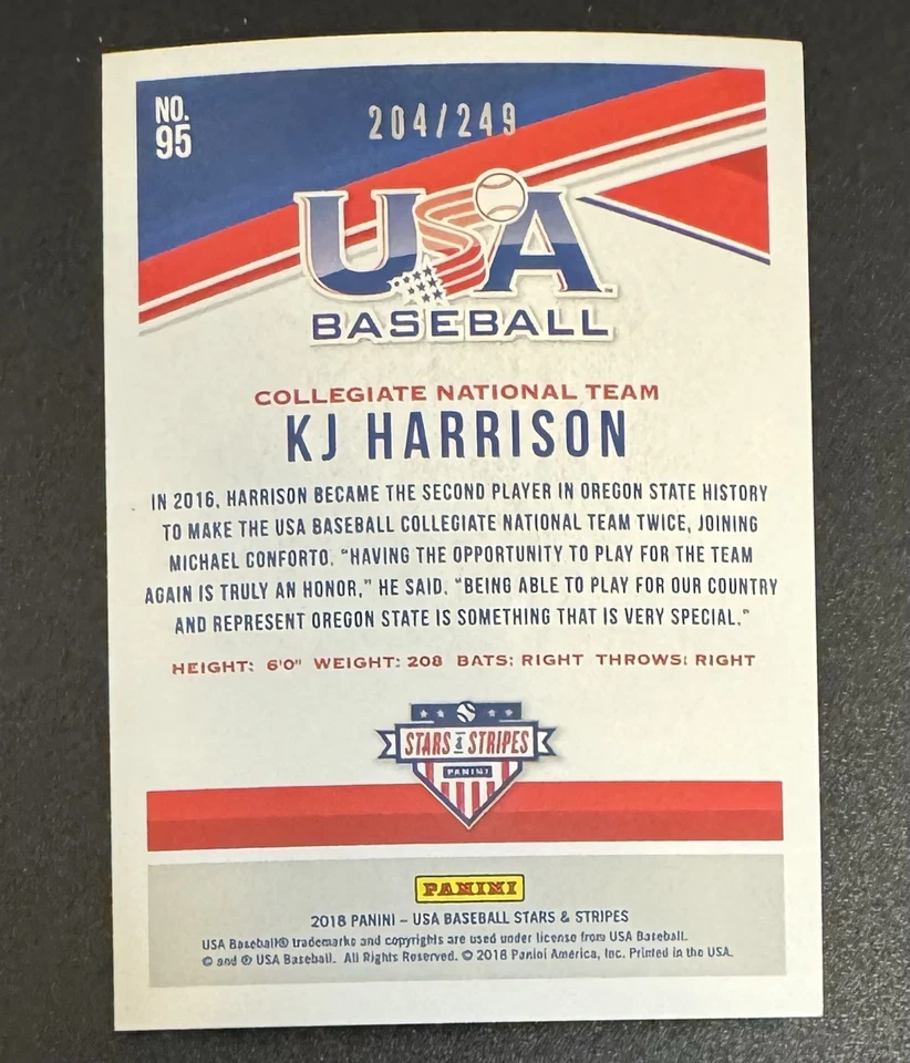 KJ Harrison 2018 Panini USA Baseball Longevity Red /249 #95 - Image 2 of 2