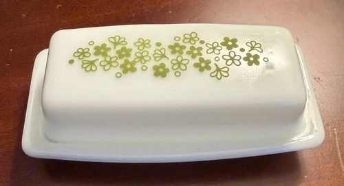 Pyrex Corelle Spring Blossom Green Crazy Daisy Butter Dish with Lid Vintage