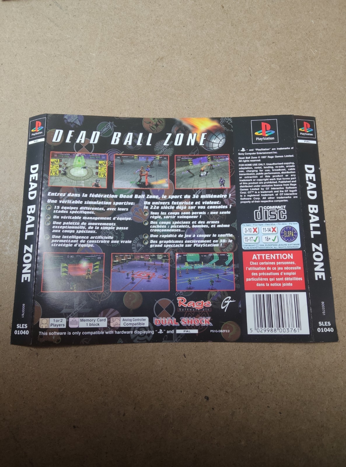 Jaquette Arrière Dead Ball Zone Ps1 Playstation 1 Jeu Jeux