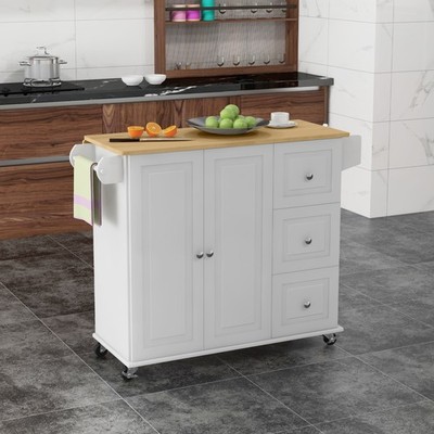 HOMCOM Kitchen Island on Wheels, Kitchen Cart with Drop Leaf, 3 Drawers