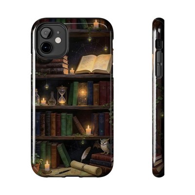 Magic Library Scene Tough Phone Case | Open Book, Candles, Owl, Hourglass
