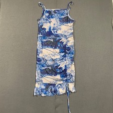 Blue Dragon Print Mesh Layer Ruched Bodycon Mini Dress Womens Medium Y2K Toile