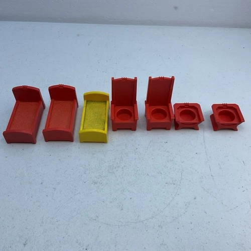 VTG Fisher Price Little People RED Throne Chairs Bed Castle 7 Pc. Accessories