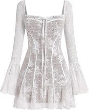 Women's Short Corset Y2k Mini Dress Long Sleeve Low Cut Lace