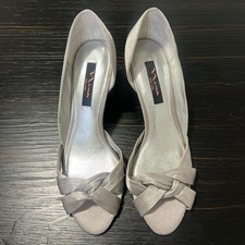 Nina New York Silver Satin D'Orsay Open Toe Bow Stiletto Heels Leather Outsole
