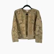 Vtg Golden Silk Floral Embroidered Sheer Open Blazer Jacket S Tapestry Boxy Glam