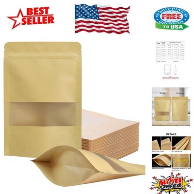 Eco-Friendly 100 Pcs Kraft Paper Bags - Zippered & Moisture-Proof Pouches