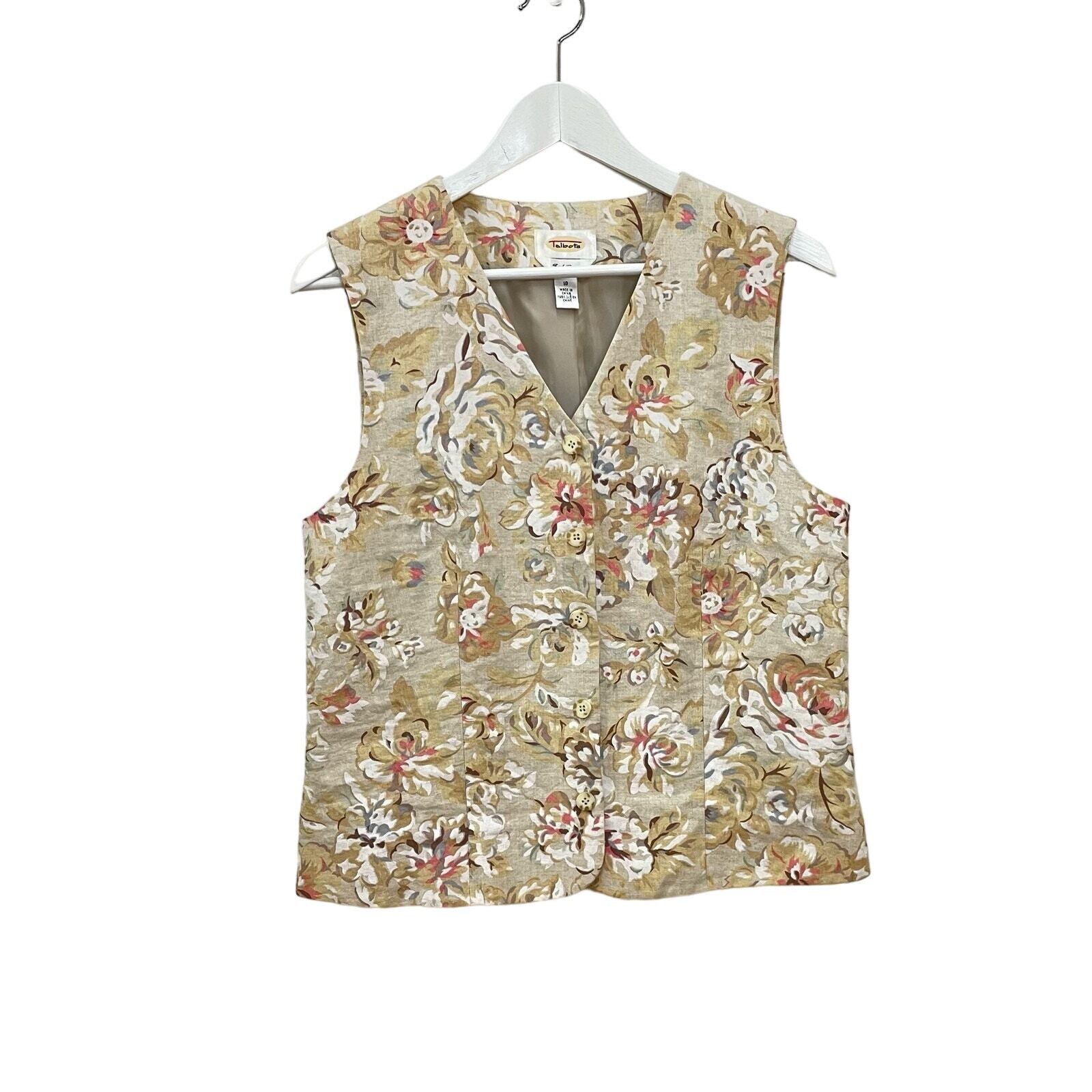 Vintage Talbots Irish Linen Tan Floral V-Neck Button Front Lined Vest Size 10